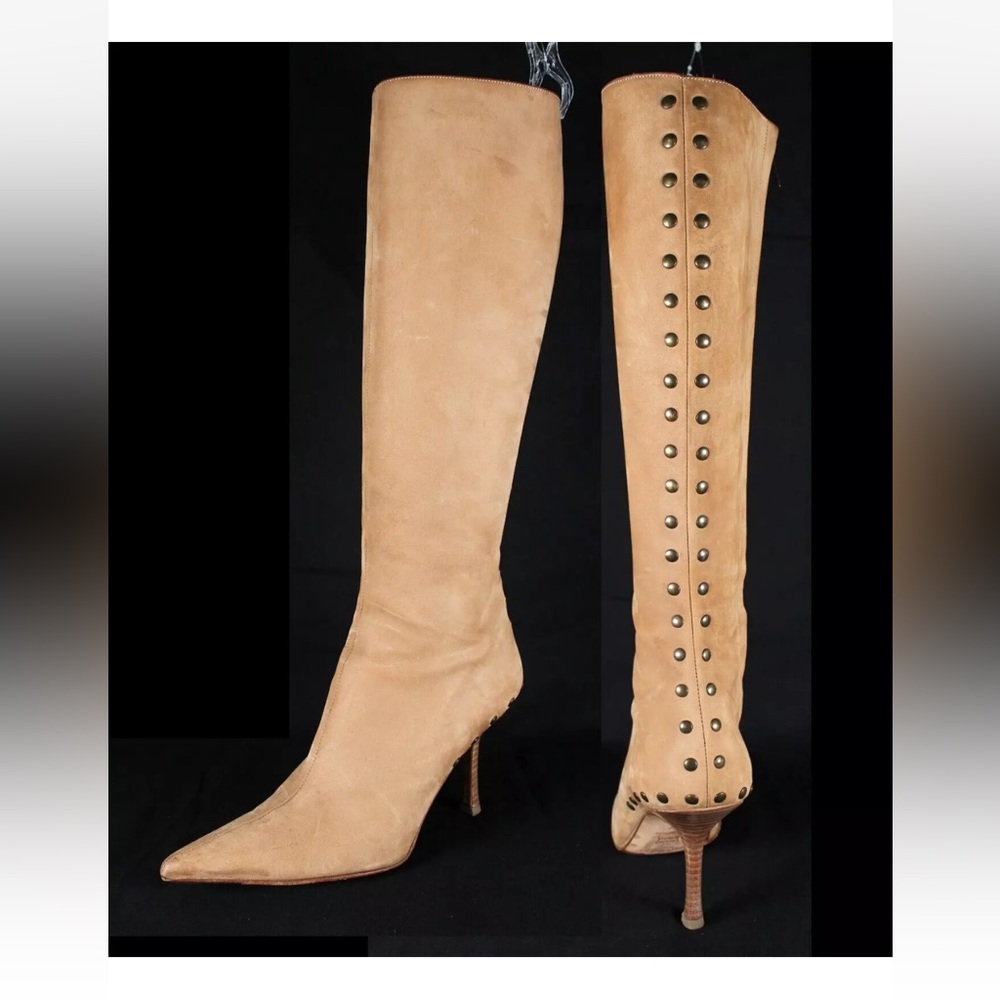 JIMMY CHOO Camel Suede Studded Detail Pointed Toe High Heel Knee Boots 37